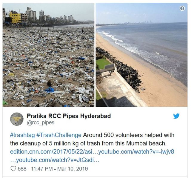 500 tình nguyện viên đã cùng tham gia dọn rác trên bãi biển ở Mumbai (Ấn Độ) để hưởng ứng “thử thách dọn rác”