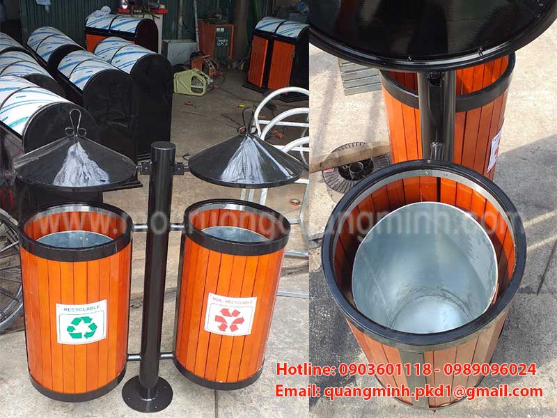 Thùng rác gỗ 2 ngăn ngoài trời bền đẹp của Môi trường Quang Minh
