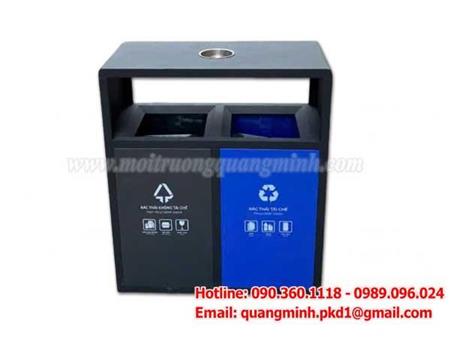 Thùng rác sơn đen 2 ngăn có khay gạt tàn thuốc QM15