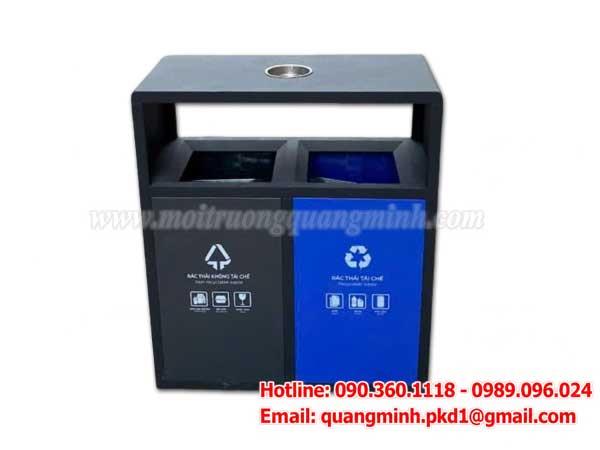 Thùng rác sơn đen 2 ngăn có khay gạt tàn thuốc QM15